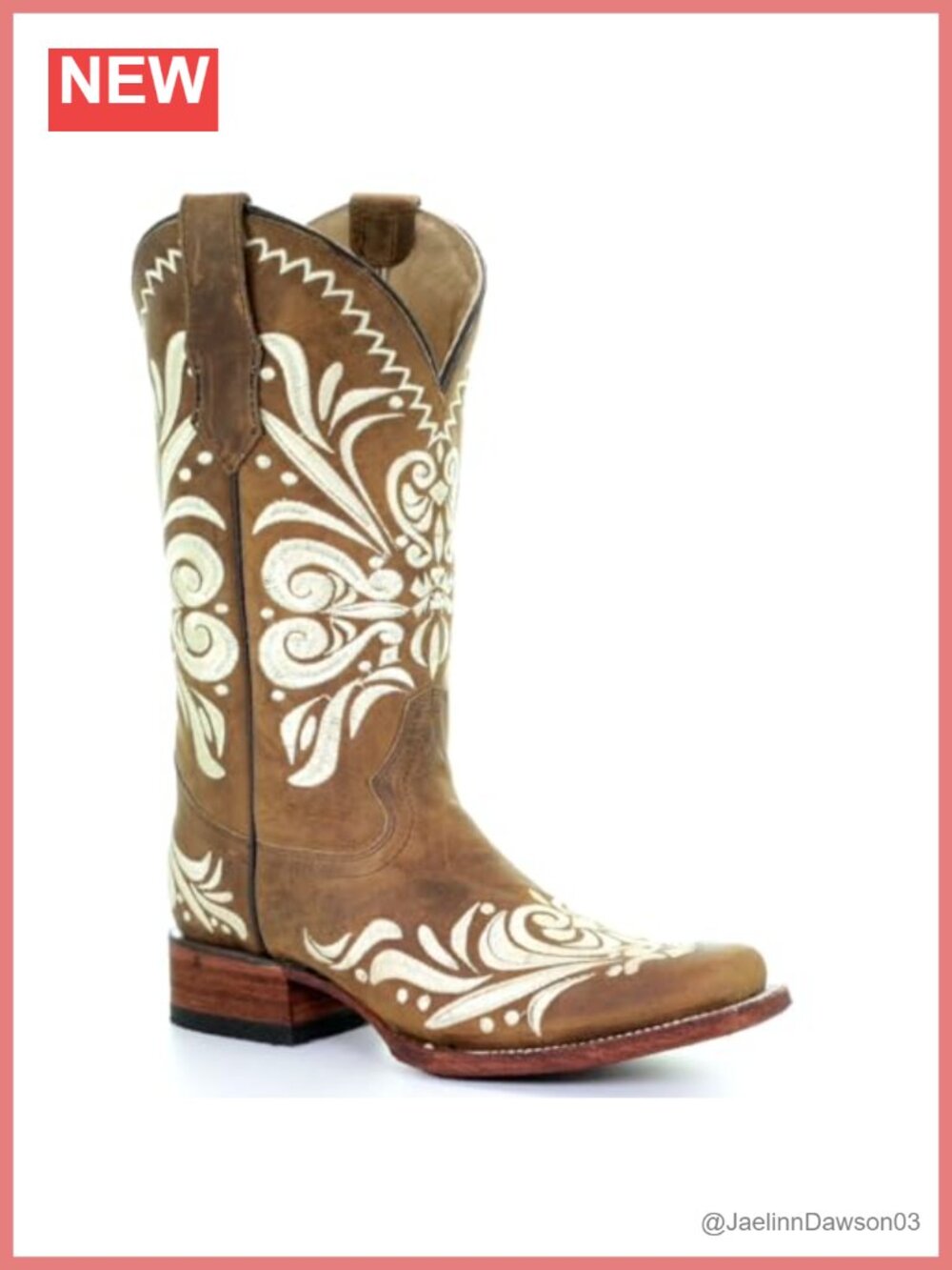 Tan Embroidered Square Toe Western Boots, Leather Sole Mid-Calf